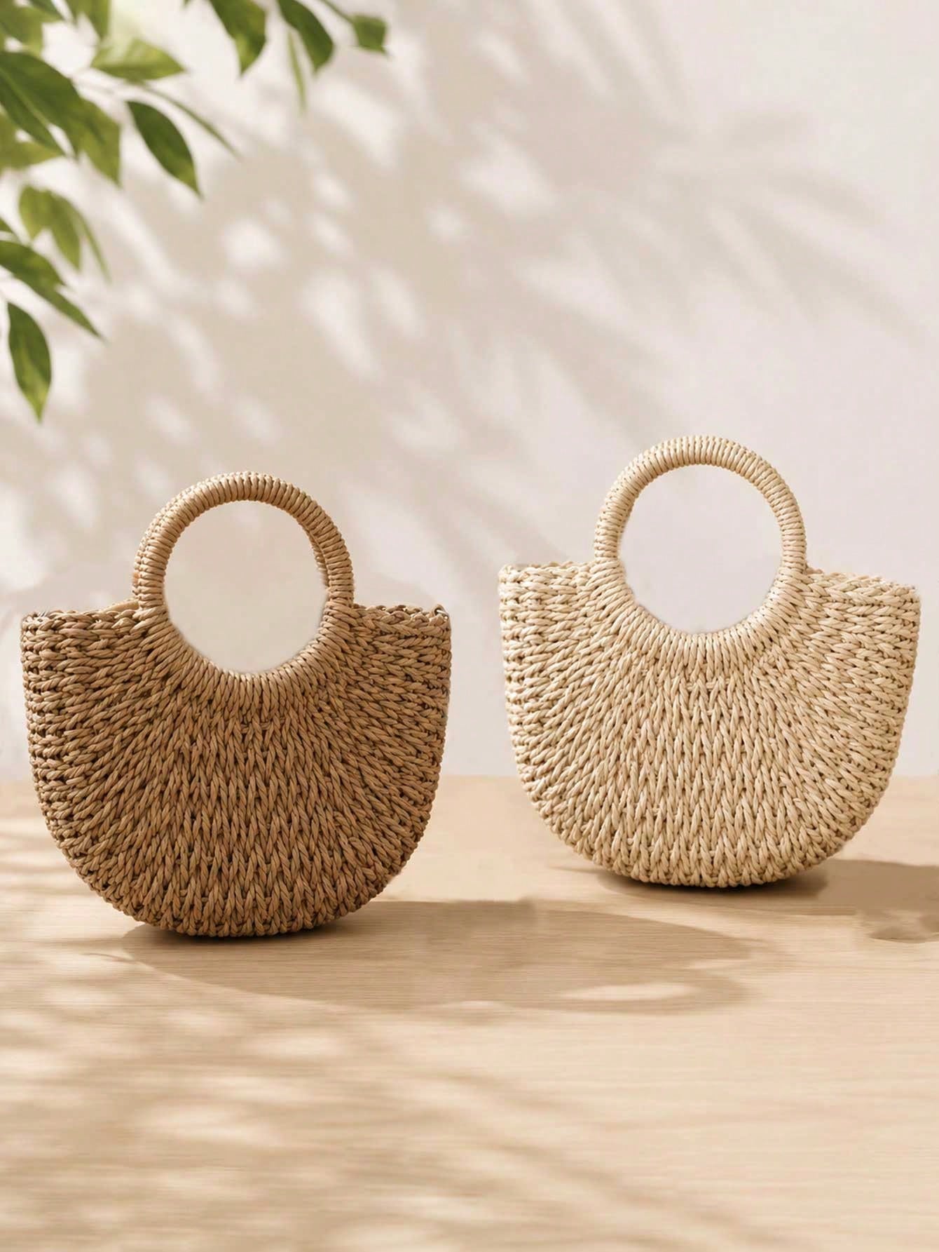 Handmade Woven Straw/Rattan Crescent-Shaped Beach Tote Bag, Large Capacity Women's Summer Hollow Crossbody Shoulder Bag, Summer Crescent-Shaped Straw Woven Bag