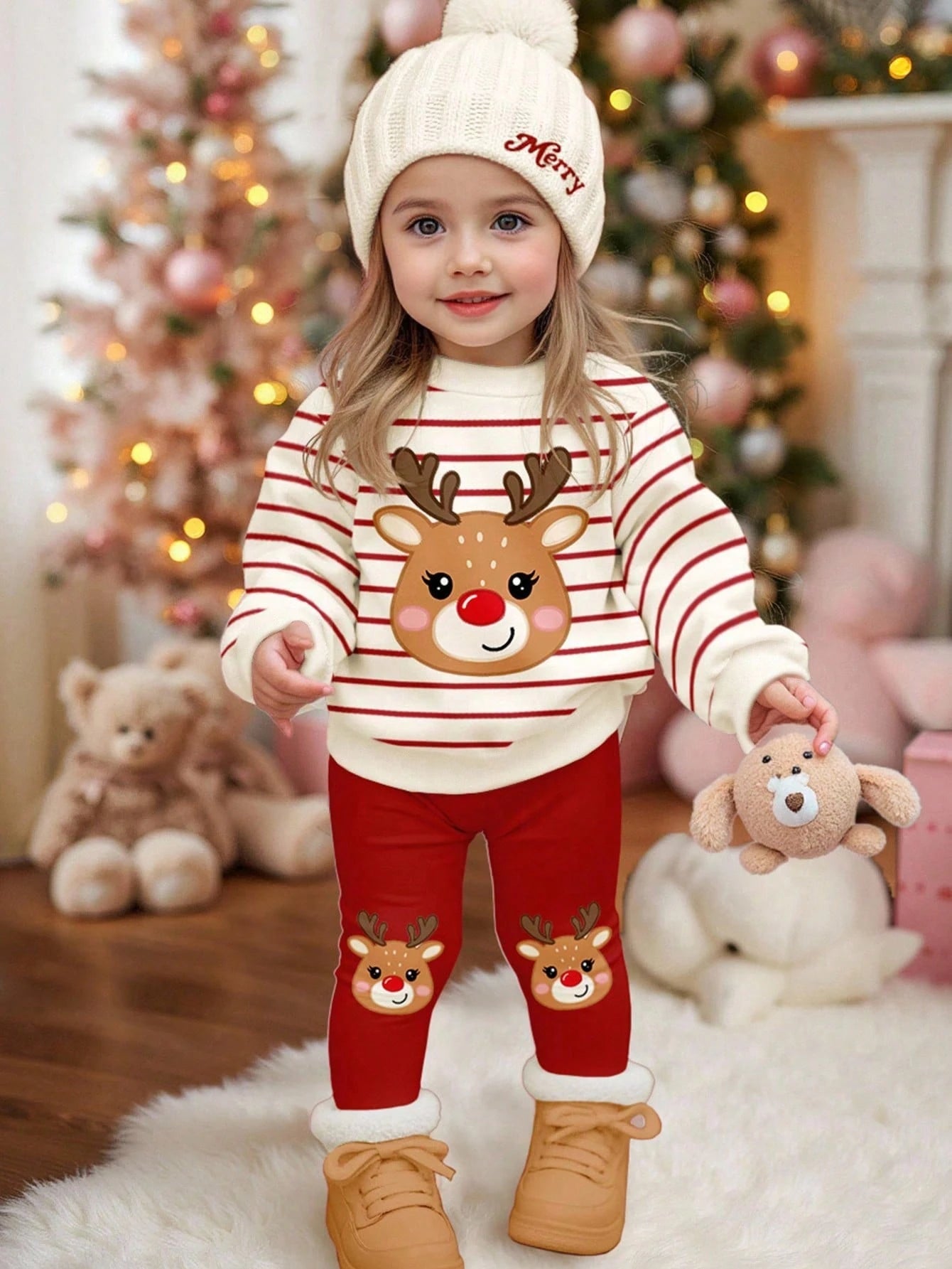 Happikins Baby Girl Christmas Cartoon Autumn Sweatshirt And Leggings Set,Red And White Stripe,Winter,Cute,Matching Family,Soft Thick Casual Outfits