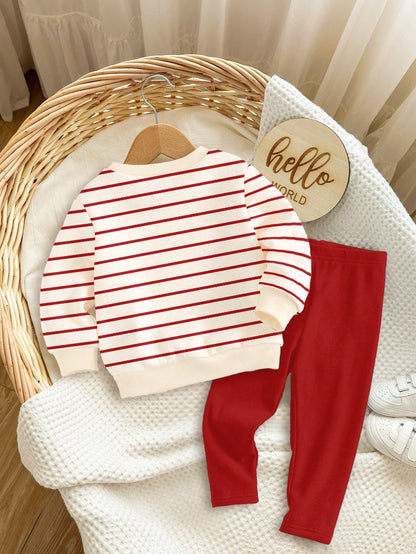 Happikins Baby Girl Christmas Cartoon Autumn Sweatshirt And Leggings Set,Red And White Stripe,Winter,Cute,Matching Family,Soft Thick Casual Outfits
