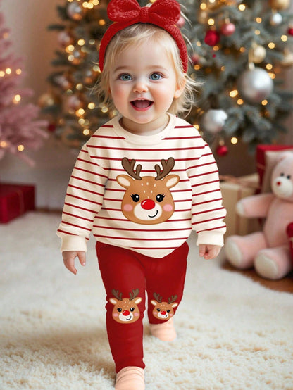 Happikins Baby Girl Christmas Cartoon Autumn Sweatshirt And Leggings Set,Red And White Stripe,Winter,Cute,Matching Family,Soft Thick Casual Outfits