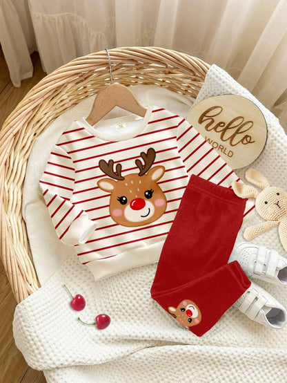 Happikins Baby Girl Christmas Cartoon Autumn Sweatshirt And Leggings Set,Red And White Stripe,Winter,Cute,Matching Family,Soft Thick Casual Outfits