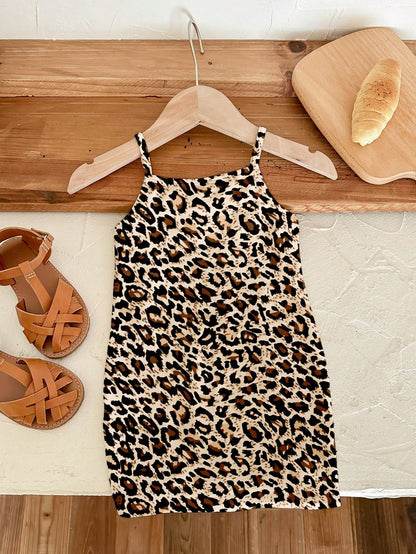 Happikins Cute Retro Classic Leopard Print Dress, Baby Girl Casual Sleeveless Snug Fit Dress, Suitable For Summer