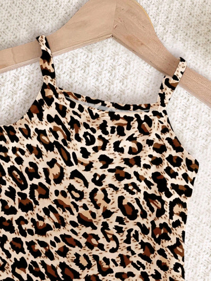 Happikins Cute Retro Classic Leopard Print Dress, Baby Girl Casual Sleeveless Snug Fit Dress, Suitable For Summer