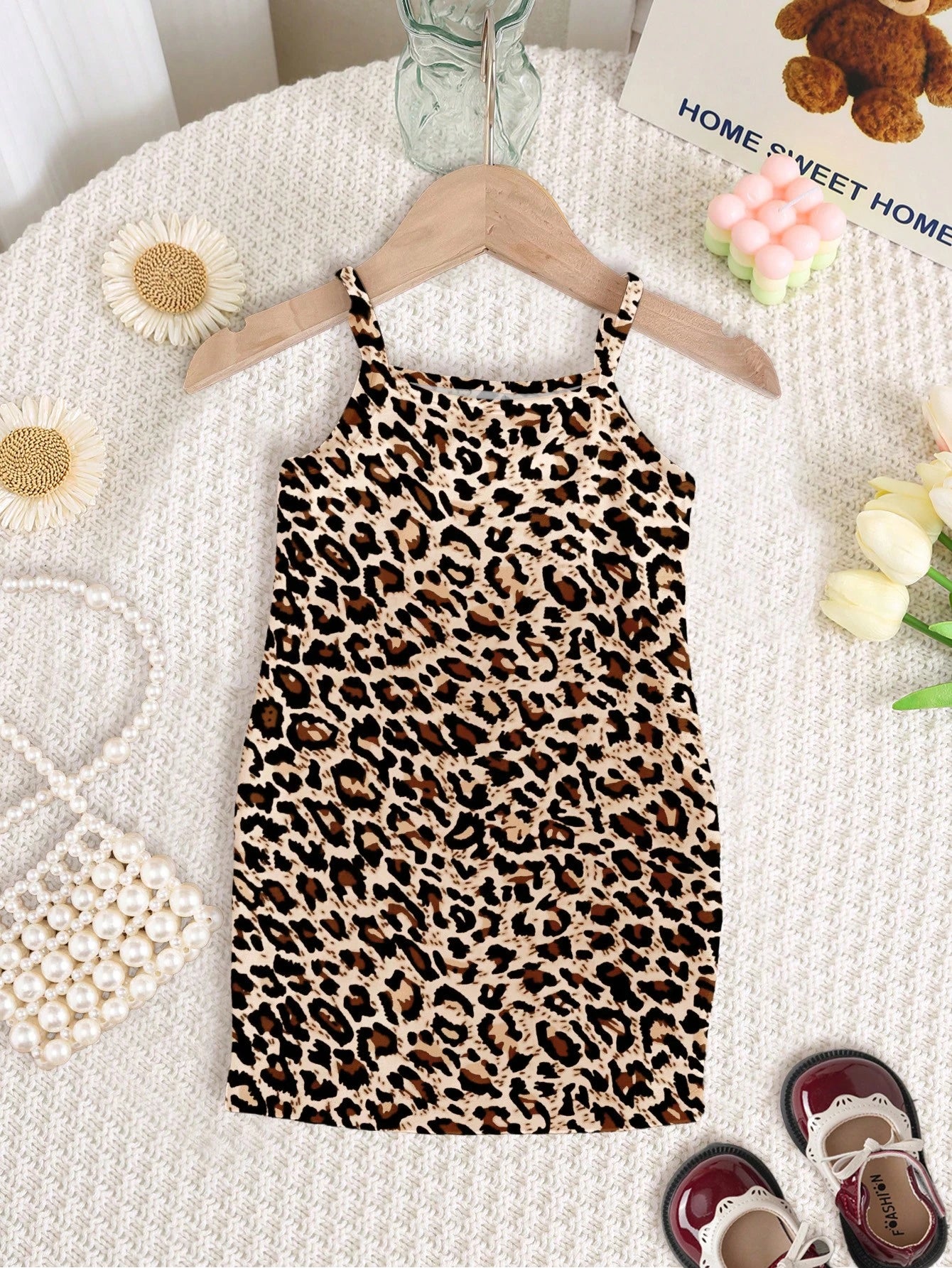 Happikins Cute Retro Classic Leopard Print Dress, Baby Girl Casual Sleeveless Snug Fit Dress, Suitable For Summer