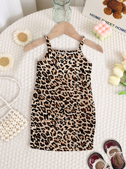 Happikins Cute Retro Classic Leopard Print Dress, Baby Girl Casual Sleeveless Snug Fit Dress, Suitable For Summer