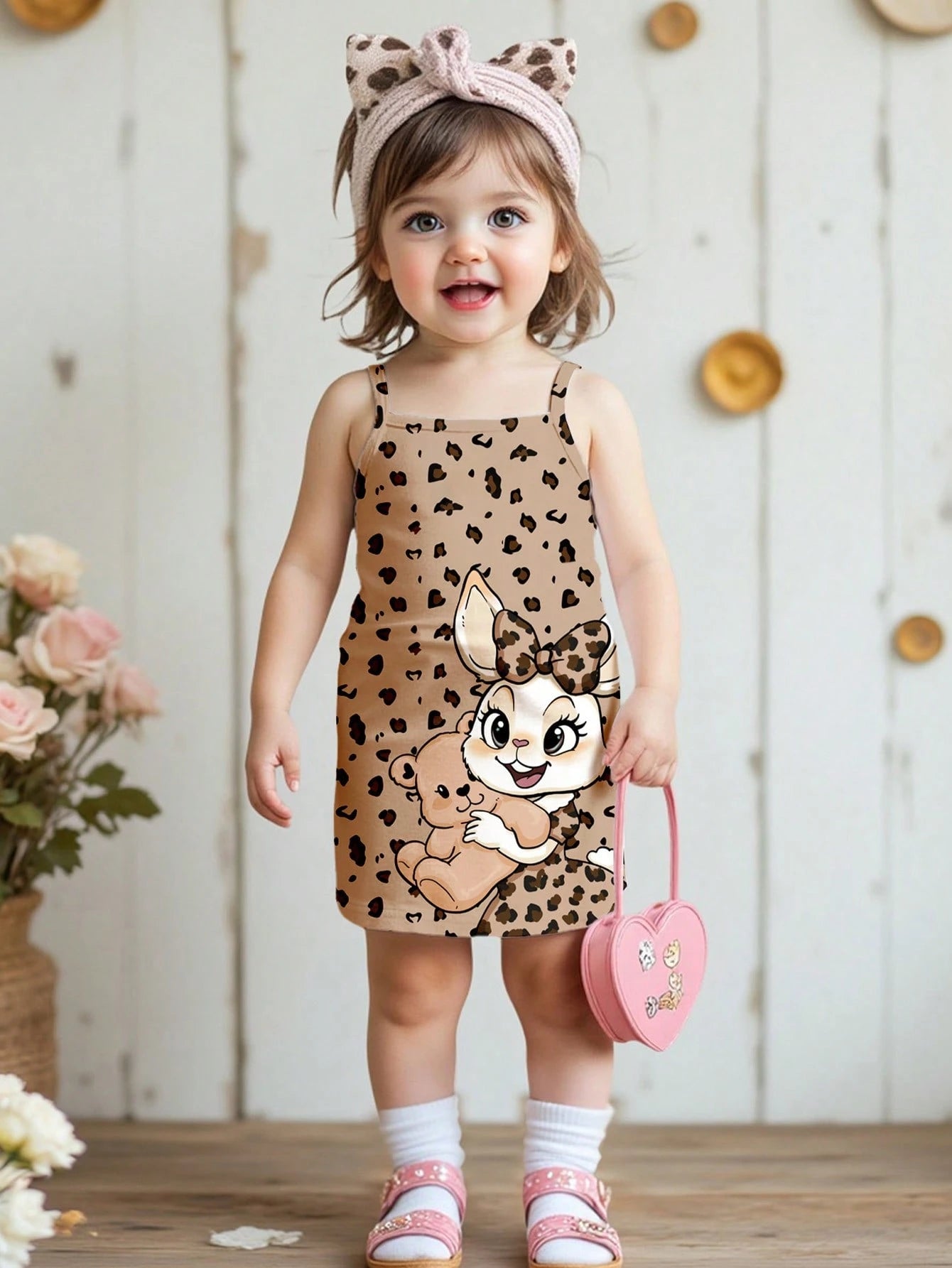 Happikins Cute Retro Classic Leopard Print Dress, Baby Girl Casual Sleeveless Snug Fit Dress, Suitable For Summer