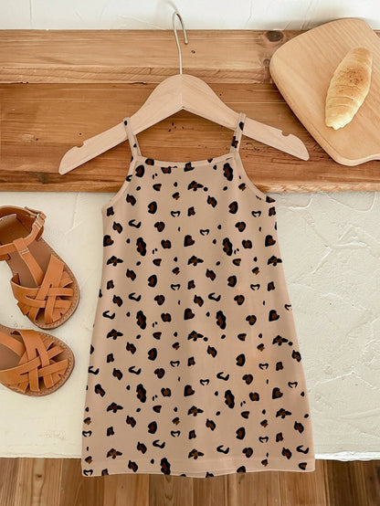 Happikins Cute Retro Classic Leopard Print Dress, Baby Girl Casual Sleeveless Snug Fit Dress, Suitable For Summer