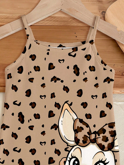 Happikins Cute Retro Classic Leopard Print Dress, Baby Girl Casual Sleeveless Snug Fit Dress, Suitable For Summer