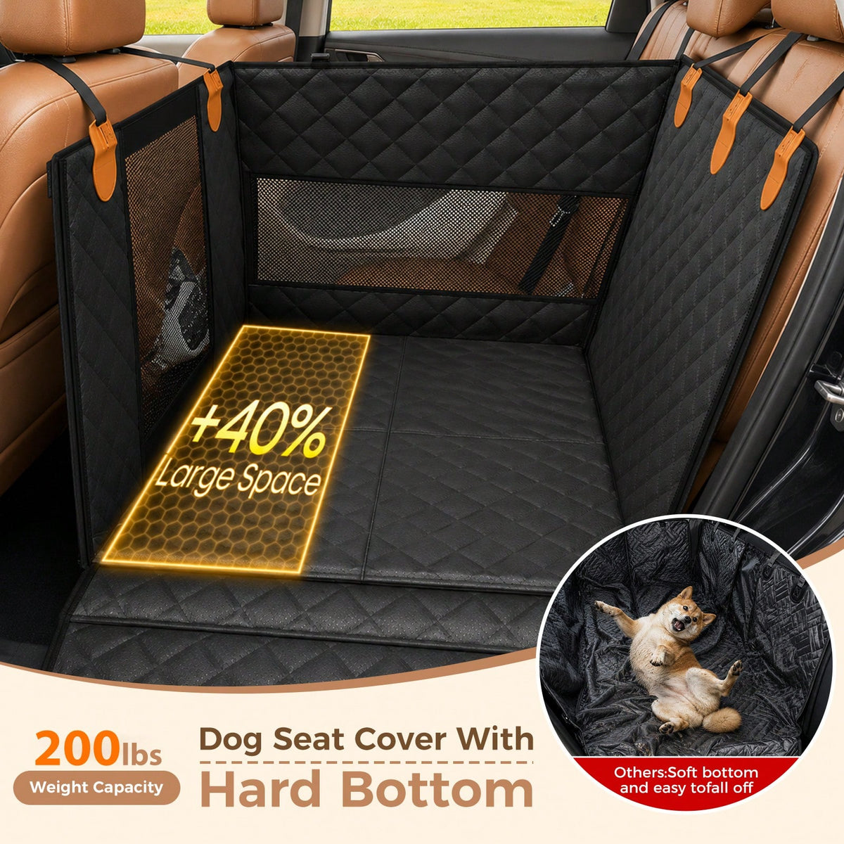 Hard Bottom Dog Car Seat Cover With Free Gift Glove 400lbs Capacity Heavy Duty Pet Car Hammock For Back Seat 100% Waterproof Oxford Fabric Scratchproof Mat SUV Sedan