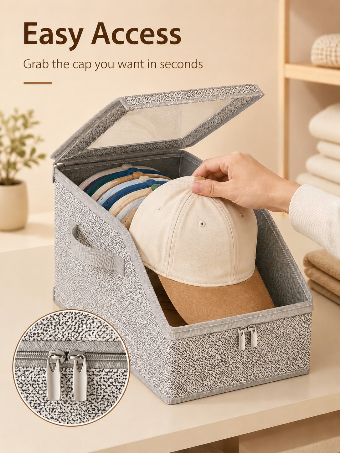Hat Storage Box With Transparent Window, Zipper Dust-Proof Hat Organizer Box, With Portable Handle And Label Slot, Suitable For Baseball Caps, Duckbill Caps, Sun Hats And Casual Hats Organization, Reg