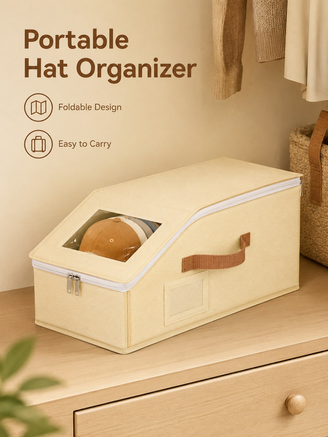 Hat Storage Box With Transparent Window, Zipper Dust-Proof Hat Organizer Box, With Portable Handle And Label Slot, Suitable For Baseball Caps, Duckbill Caps, Sun Hats And Casual Hats Organization, Reg
