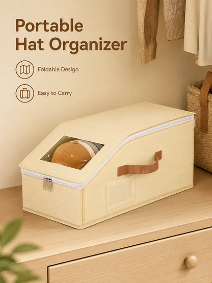 Hat Storage Box With Transparent Window, Zipper Dust-Proof Hat Organizer Box, With Portable Handle And Label Slot, Suitable For Baseball Caps, Duckbill Caps, Sun Hats And Casual Hats Organization, Reg