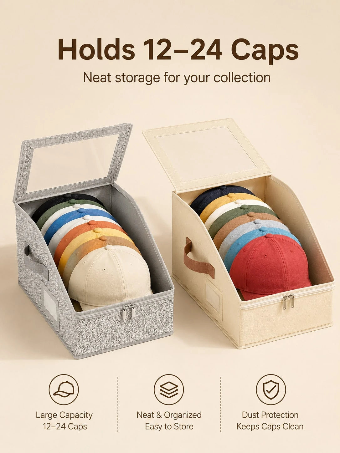 Hat Storage Box With Transparent Window, Zipper Dust-Proof Hat Organizer Box, With Portable Handle And Label Slot, Suitable For Baseball Caps, Duckbill Caps, Sun Hats And Casual Hats Organization, Reg