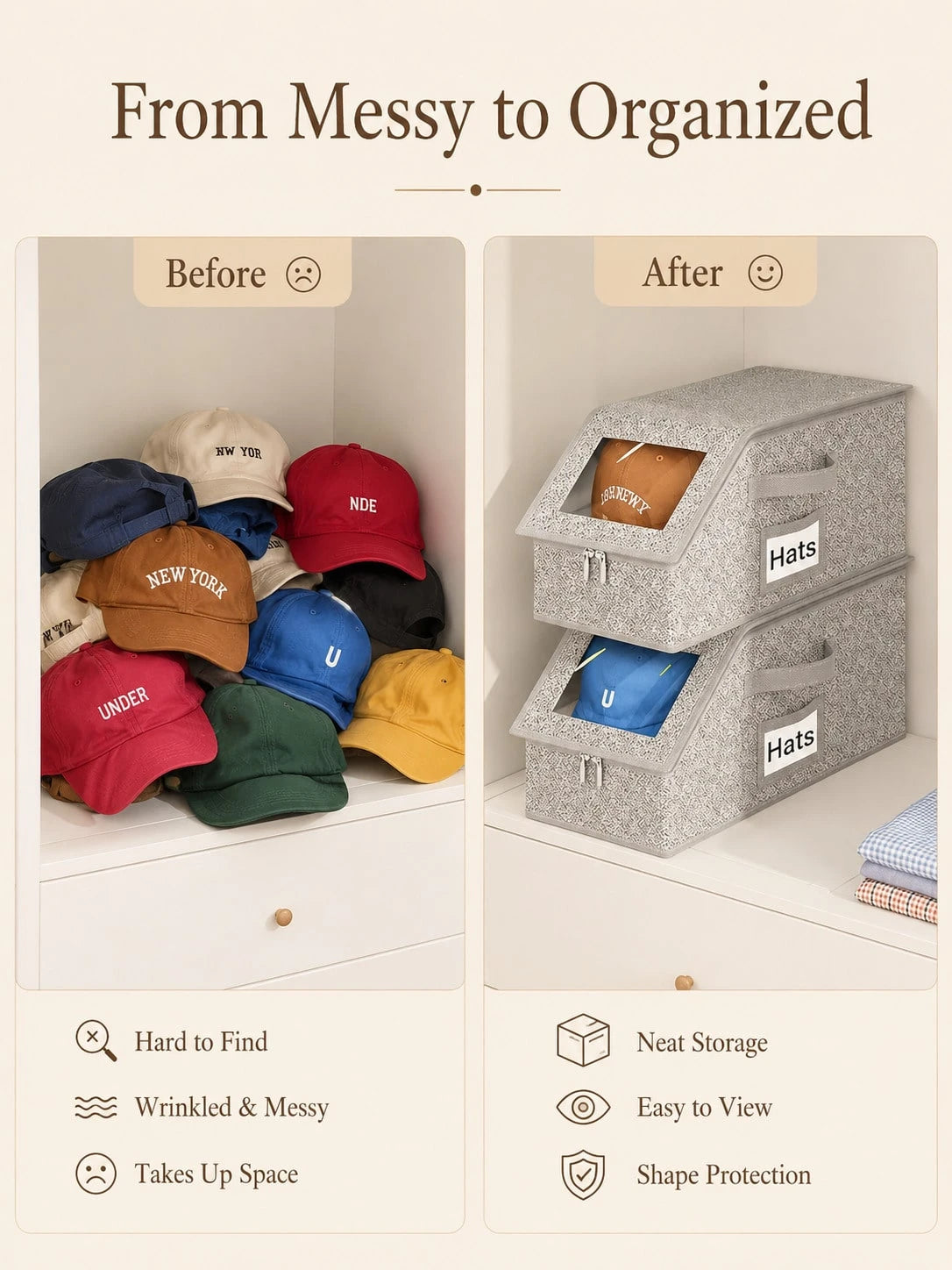 Hat Storage Box With Transparent Window, Zipper Dust-Proof Hat Organizer Box, With Portable Handle And Label Slot, Suitable For Baseball Caps, Duckbill Caps, Sun Hats And Casual Hats Organization, Reg