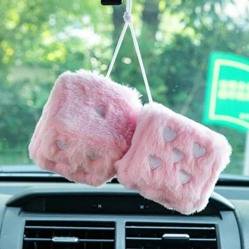 Heart Embroidered Baby Pink Fuzzy Plush Dice- 3-Inch Decorative Car Mirror Hanging Ornaments, Soft Foam, Easy Install, Great Gift Idea
