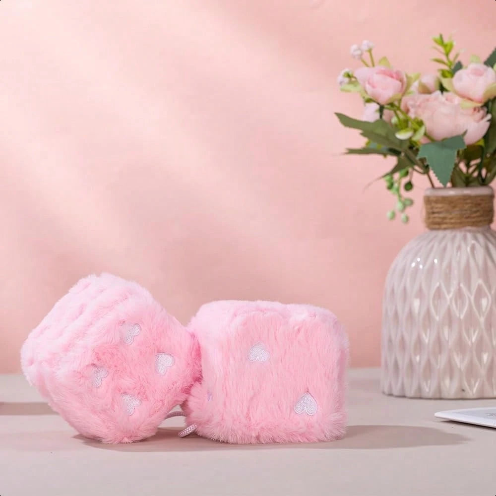 Heart Embroidered Baby Pink Fuzzy Plush Dice- 3-Inch Decorative Car Mirror Hanging Ornaments, Soft Foam, Easy Install, Great Gift Idea