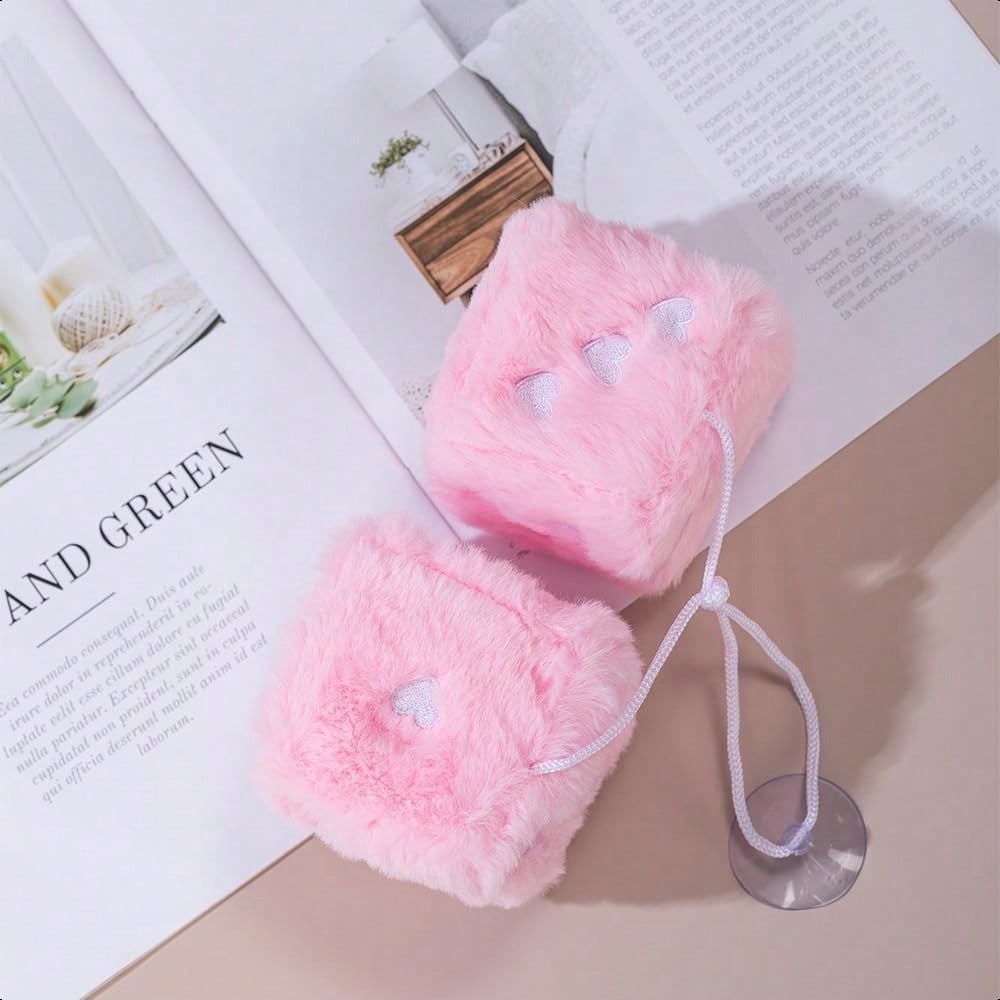 Heart Embroidered Baby Pink Fuzzy Plush Dice- 3-Inch Decorative Car Mirror Hanging Ornaments, Soft Foam, Easy Install, Great Gift Idea