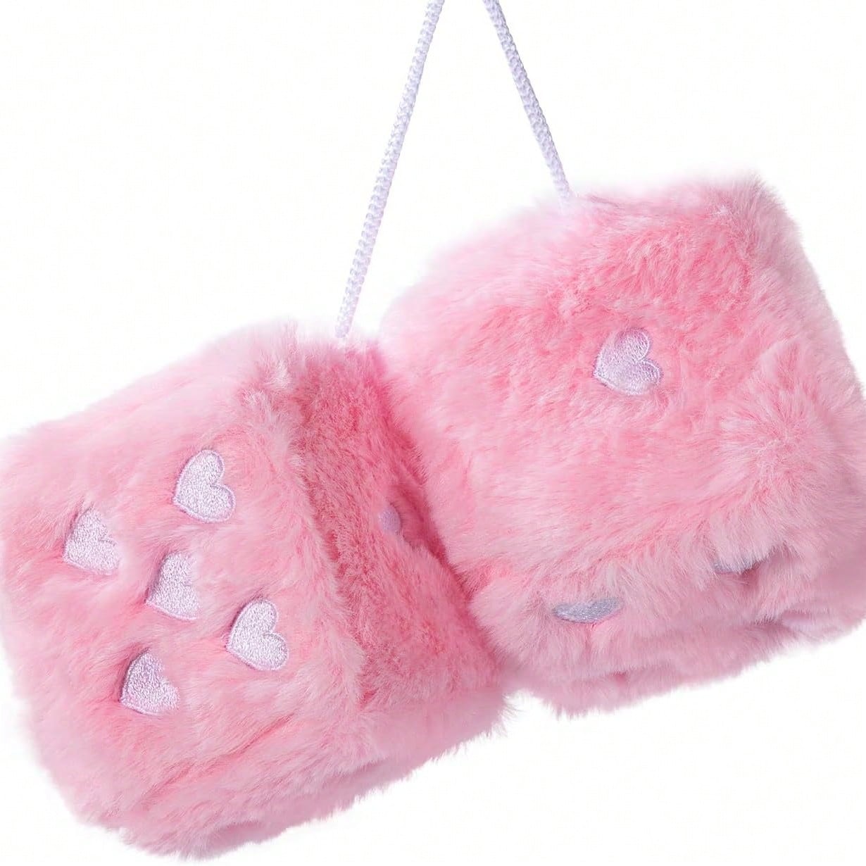 Heart Embroidered Baby Pink Fuzzy Plush Dice- 3-Inch Decorative Car Mirror Hanging Ornaments, Soft Foam, Easy Install, Great Gift Idea