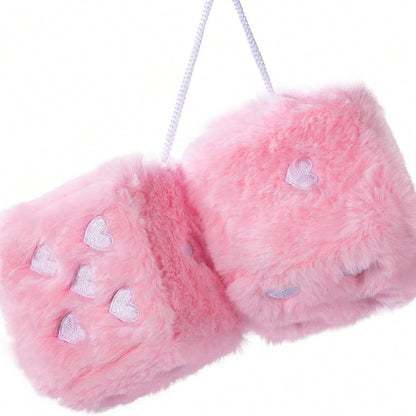 Heart Embroidered Baby Pink Fuzzy Plush Dice- 3-Inch Decorative Car Mirror Hanging Ornaments, Soft Foam, Easy Install, Great Gift Idea