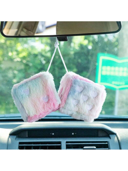 Heart Embroidered Baby Pink Fuzzy Plush Dice- 3-Inch Decorative Car Mirror Hanging Ornaments, Soft Foam, Easy Install, Great Gift Idea
