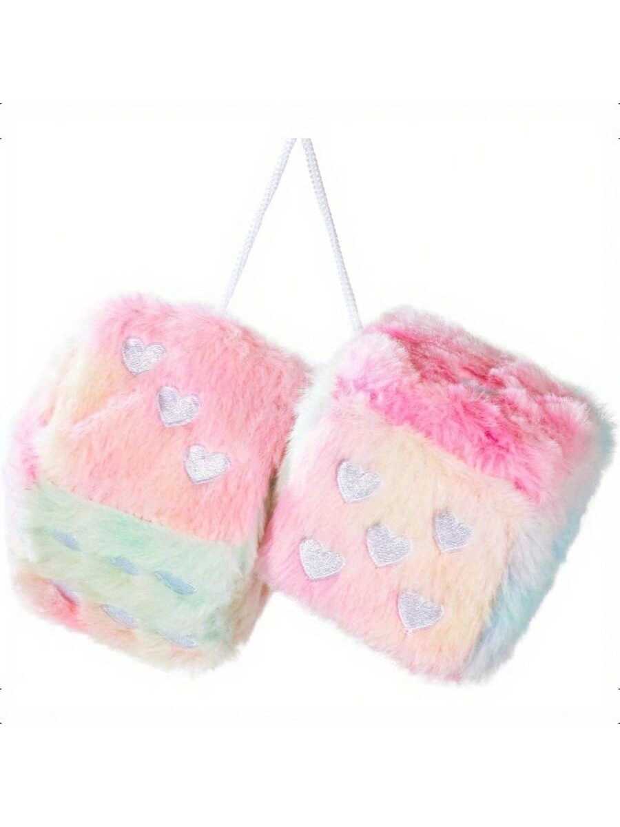 Heart Embroidered Baby Pink Fuzzy Plush Dice- 3-Inch Decorative Car Mirror Hanging Ornaments, Soft Foam, Easy Install, Great Gift Idea