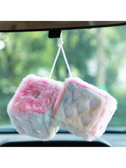 Heart Embroidered Baby Pink Fuzzy Plush Dice- 3-Inch Decorative Car Mirror Hanging Ornaments, Soft Foam, Easy Install, Great Gift Idea