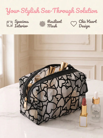 Heart-Shaped Flocked See-Through Mesh Makeup Bag, Large Capacity Durable Mesh Surface Toiletry Storage Bag, Smooth Zipper With Wide Handle Strap, Travel Portable For Skincare, Makeup Brushes, Bathroom