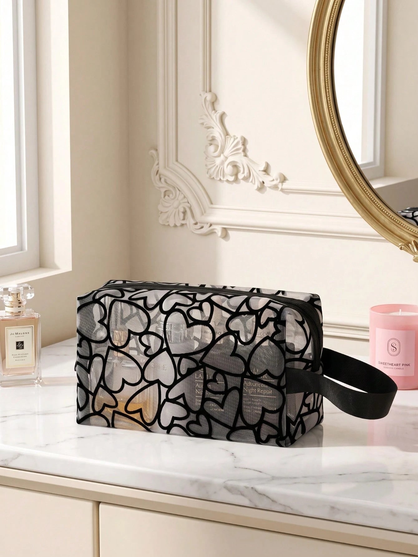 Heart-Shaped Flocked See-Through Mesh Makeup Bag, Large Capacity Durable Mesh Surface Toiletry Storage Bag, Smooth Zipper With Wide Handle Strap, Travel Portable For Skincare, Makeup Brushes, Bathroom