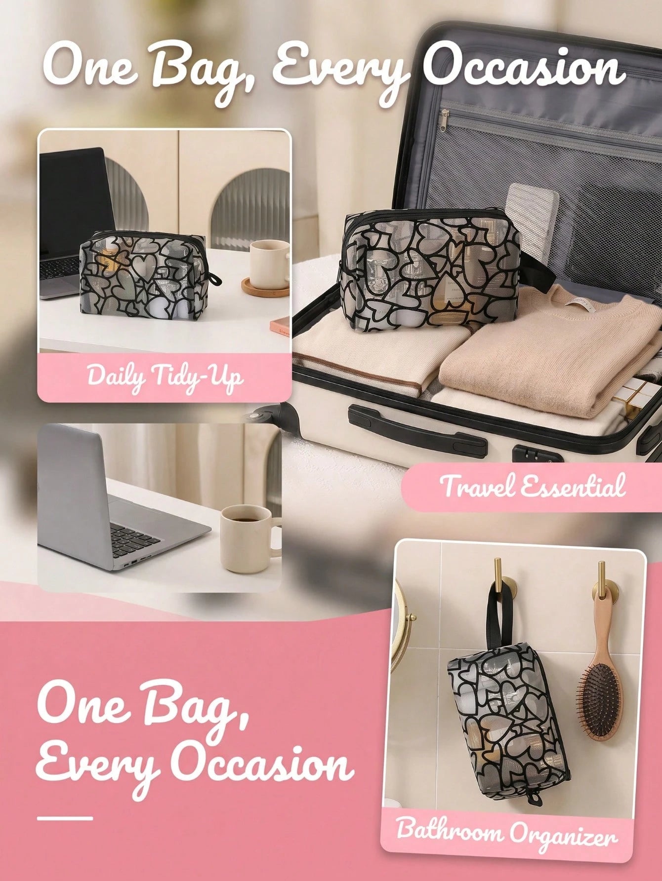 Heart-Shaped Flocked See-Through Mesh Makeup Bag, Large Capacity Durable Mesh Surface Toiletry Storage Bag, Smooth Zipper With Wide Handle Strap, Travel Portable For Skincare, Makeup Brushes, Bathroom