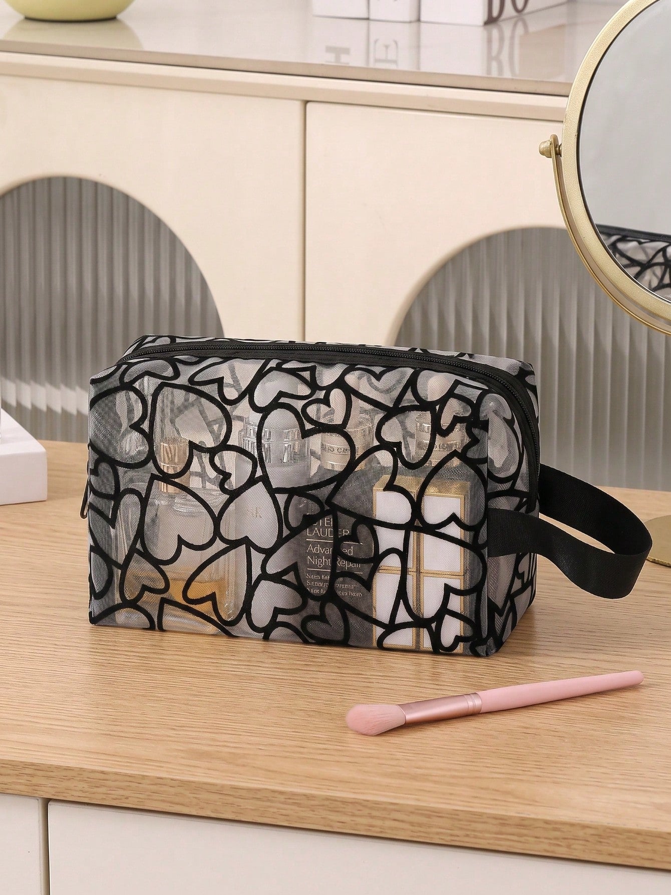 Heart-Shaped Flocked See-Through Mesh Makeup Bag, Large Capacity Durable Mesh Surface Toiletry Storage Bag, Smooth Zipper With Wide Handle Strap, Travel Portable For Skincare, Makeup Brushes, Bathroom