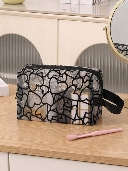 Heart-Shaped Flocked See-Through Mesh Makeup Bag, Large Capacity Durable Mesh Surface Toiletry Storage Bag, Smooth Zipper With Wide Handle Strap, Travel Portable For Skincare, Makeup Brushes, Bathroom