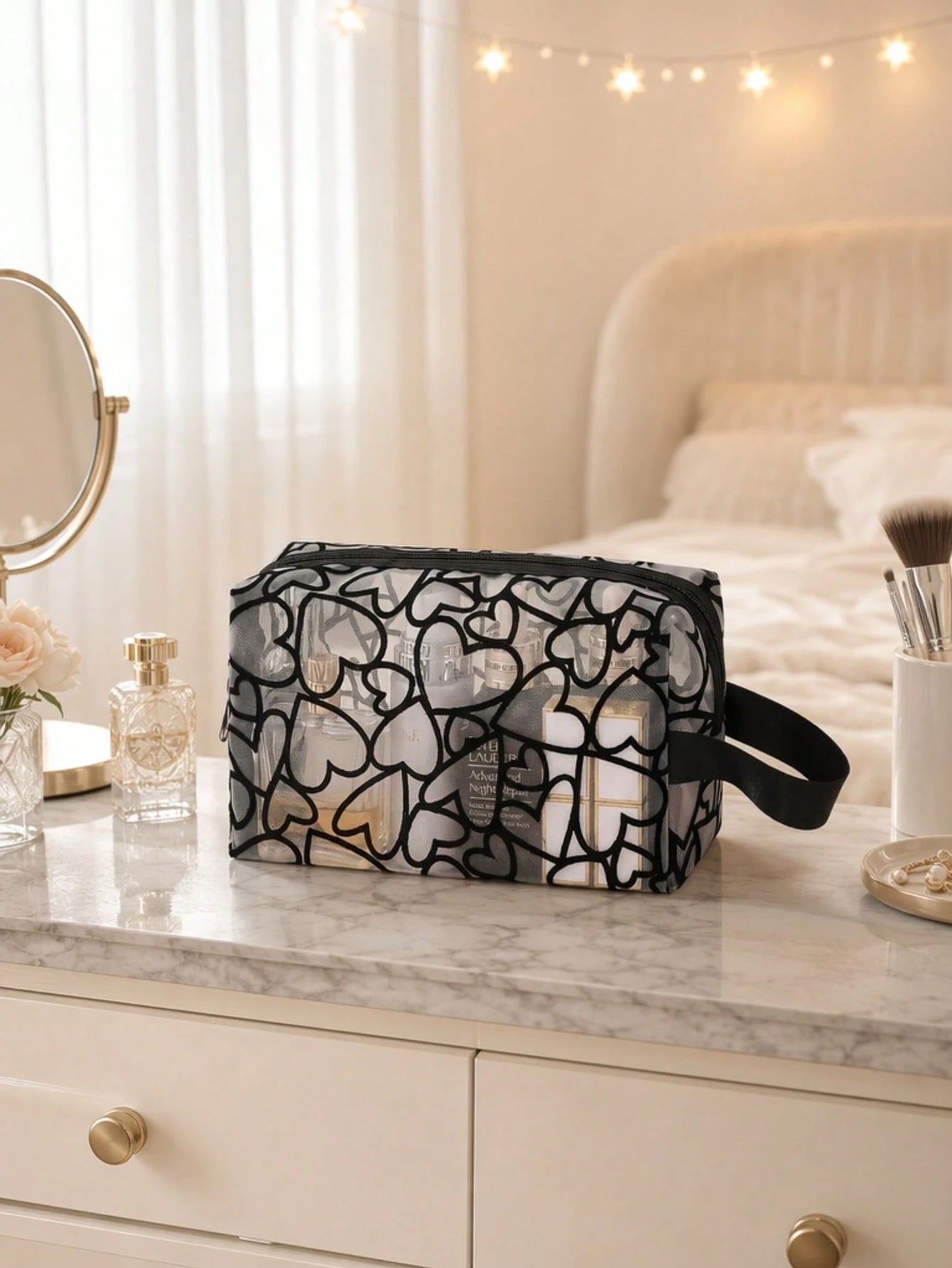 Heart-Shaped Flocked See-Through Mesh Makeup Bag, Large Capacity Durable Mesh Surface Toiletry Storage Bag, Smooth Zipper With Wide Handle Strap, Travel Portable For Skincare, Makeup Brushes, Bathroom