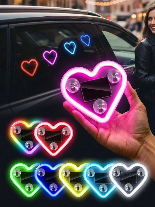 Heart-Shaped LED Car Window Atmosphere Light, Solar & Type-C Rechargeable Neon Light With Light Sensor And Vibration Sensor, 5 Lighting Modes, Suction Cup Installation, Cute Romantic Women's Car Inter