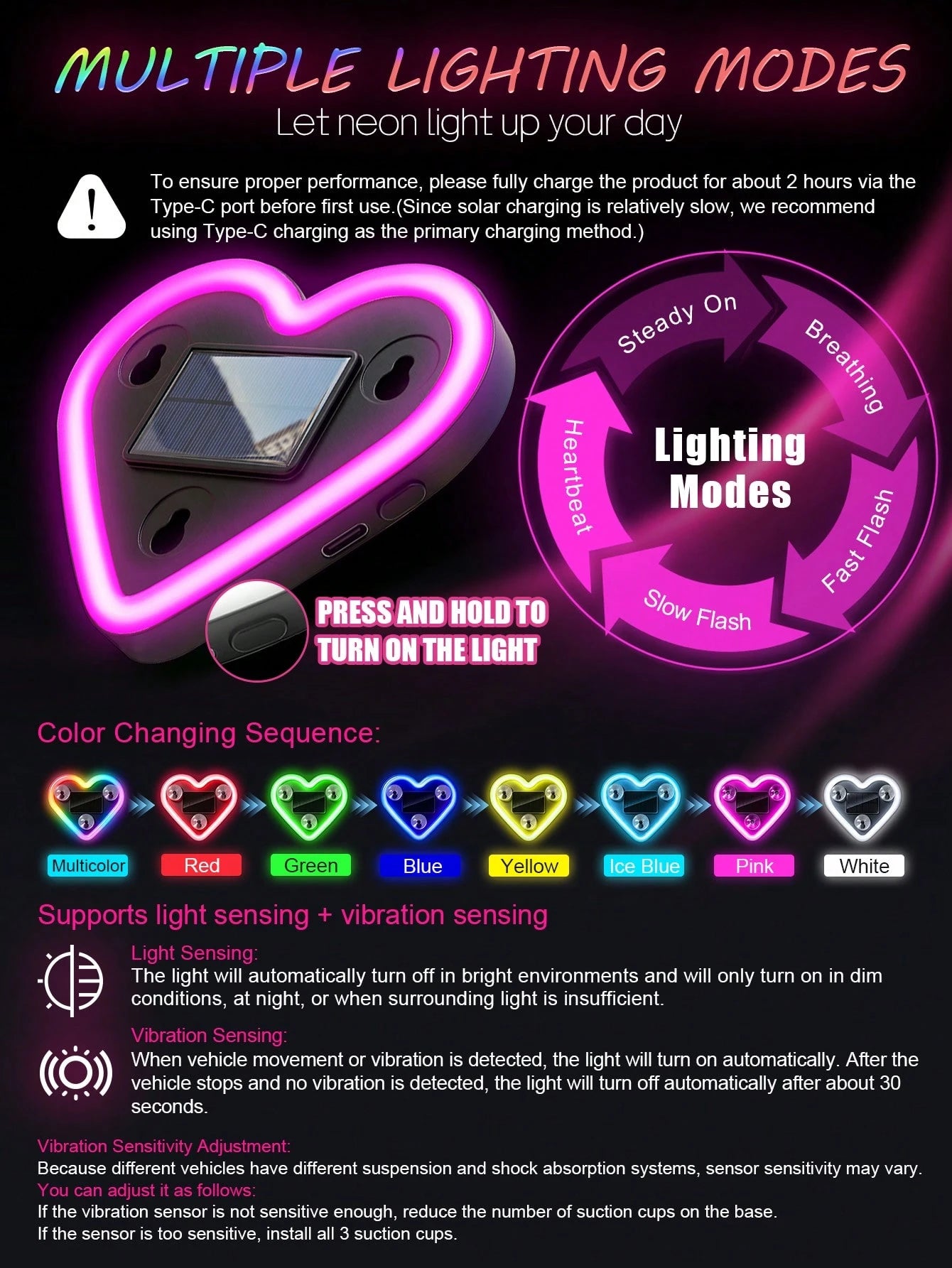 Heart-Shaped LED Car Window Atmosphere Light, Solar & Type-C Rechargeable Neon Light With Light Sensor And Vibration Sensor, 5 Lighting Modes, Suction Cup Installation, Cute Romantic Women's Car Inter