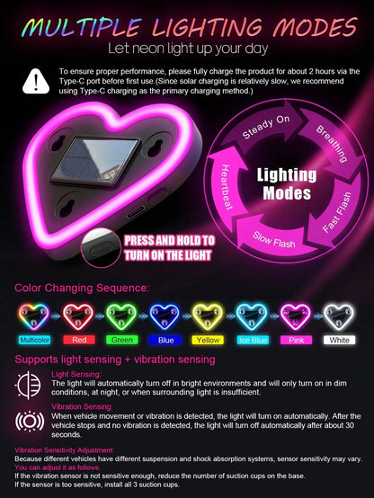 Heart-Shaped LED Car Window Atmosphere Light, Solar & Type-C Rechargeable Neon Light With Light Sensor And Vibration Sensor, 5 Lighting Modes, Suction Cup Installation, Cute Romantic Women's Car Inter