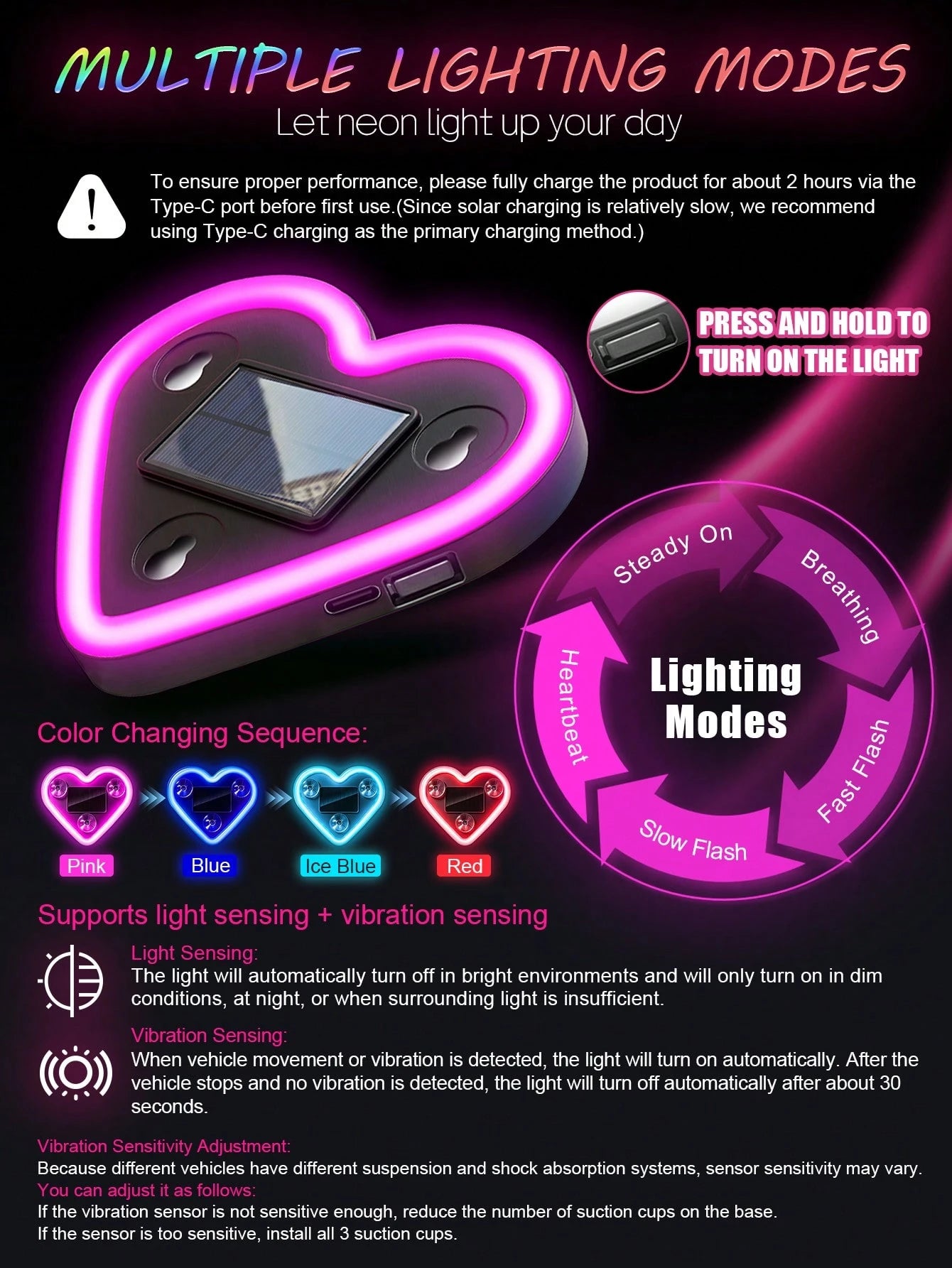 Heart-Shaped LED Car Window Atmosphere Light, Solar & Type-C Rechargeable Neon Light With Light Sensor And Vibration Sensor, 5 Lighting Modes, Suction Cup Installation, Cute Romantic Women's Car Inter