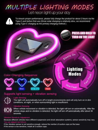 Heart-Shaped LED Car Window Atmosphere Light, Solar & Type-C Rechargeable Neon Light With Light Sensor And Vibration Sensor, 5 Lighting Modes, Suction Cup Installation, Cute Romantic Women's Car Inter