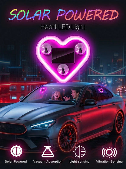 Heart-Shaped LED Car Window Atmosphere Light, Solar & Type-C Rechargeable Neon Light With Light Sensor And Vibration Sensor, 5 Lighting Modes, Suction Cup Installation, Cute Romantic Women's Car Inter