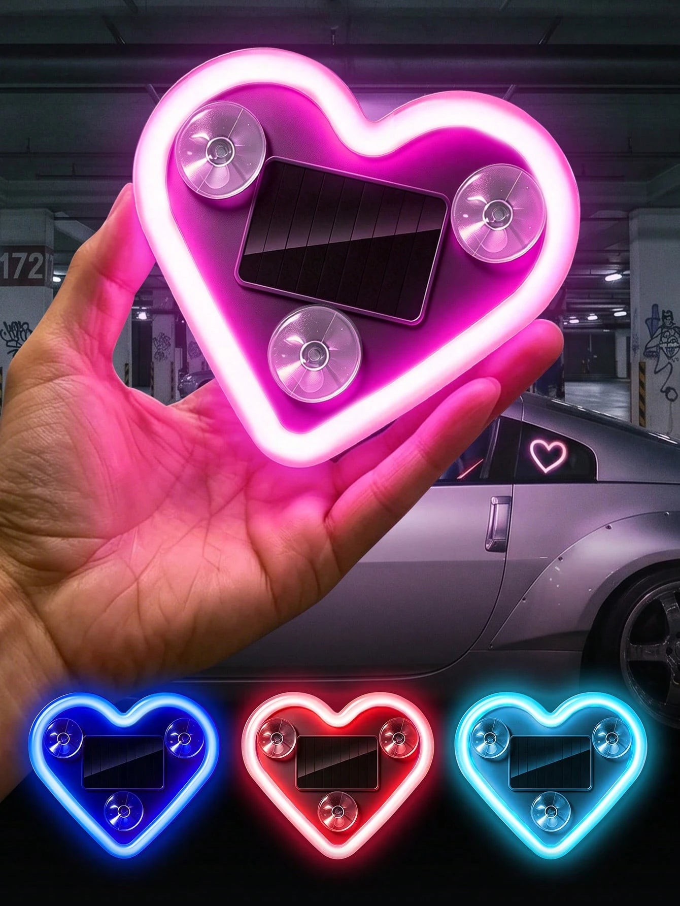 Heart-Shaped LED Car Window Atmosphere Light, Solar & Type-C Rechargeable Neon Light With Light Sensor And Vibration Sensor, 5 Lighting Modes, Suction Cup Installation, Cute Romantic Women's Car Inter