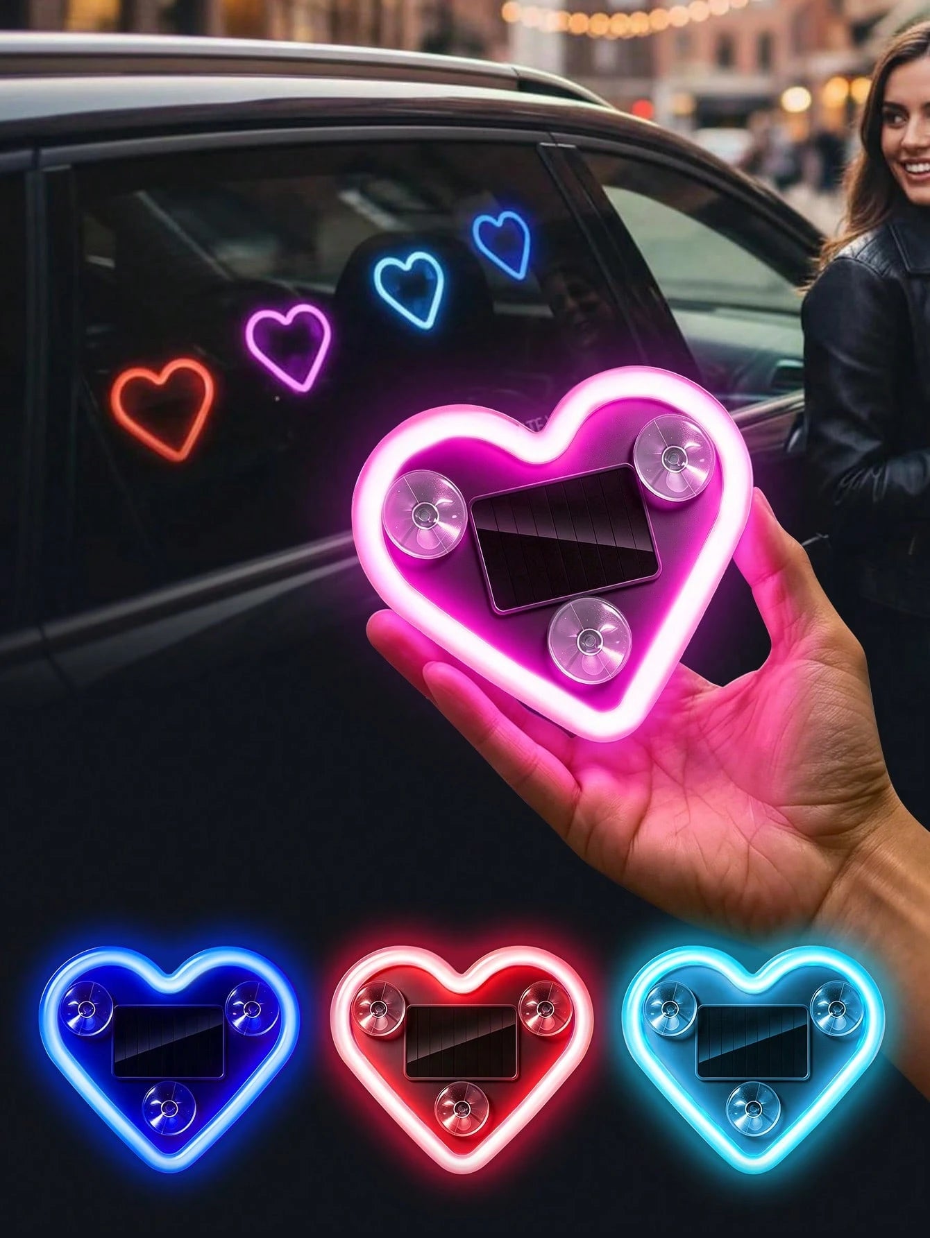Heart-Shaped LED Car Window Atmosphere Light, Solar & Type-C Rechargeable Neon Light With Light Sensor And Vibration Sensor, 5 Lighting Modes, Suction Cup Installation, Cute Romantic Women's Car Inter