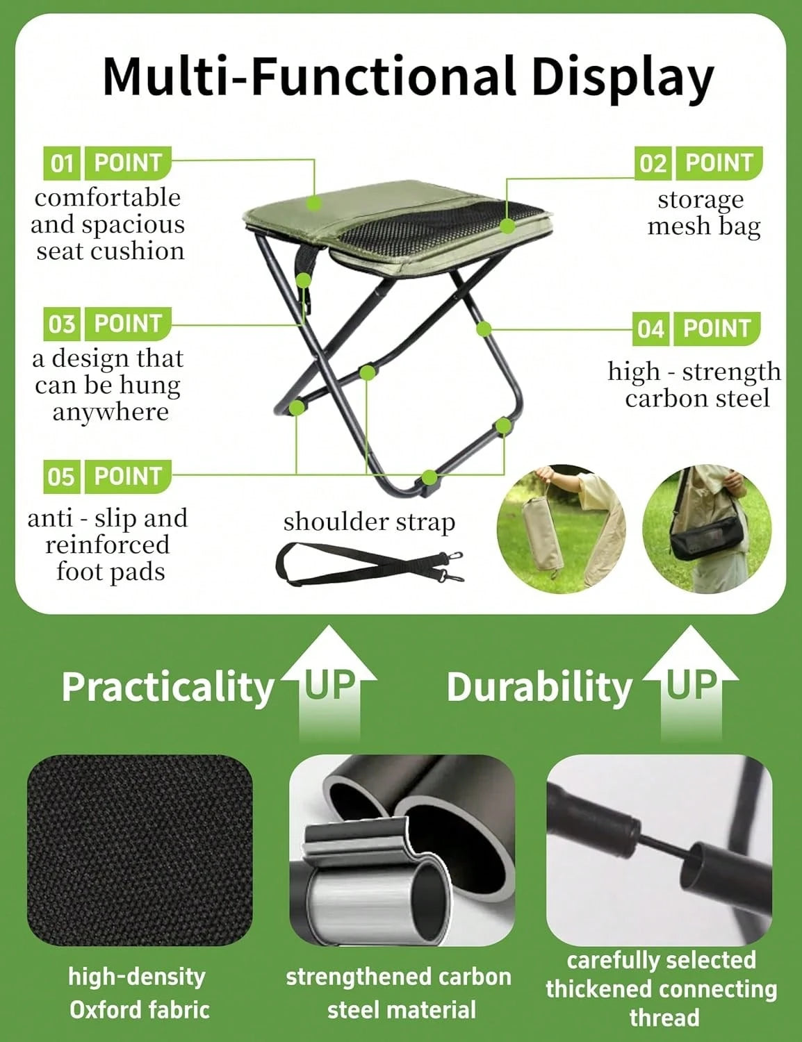 Heavy Duty Foldable Outdoor Stool, 2 Pack Ultralight Portable Camping Chair, Space Saving Travel Sports Outdoor Activities