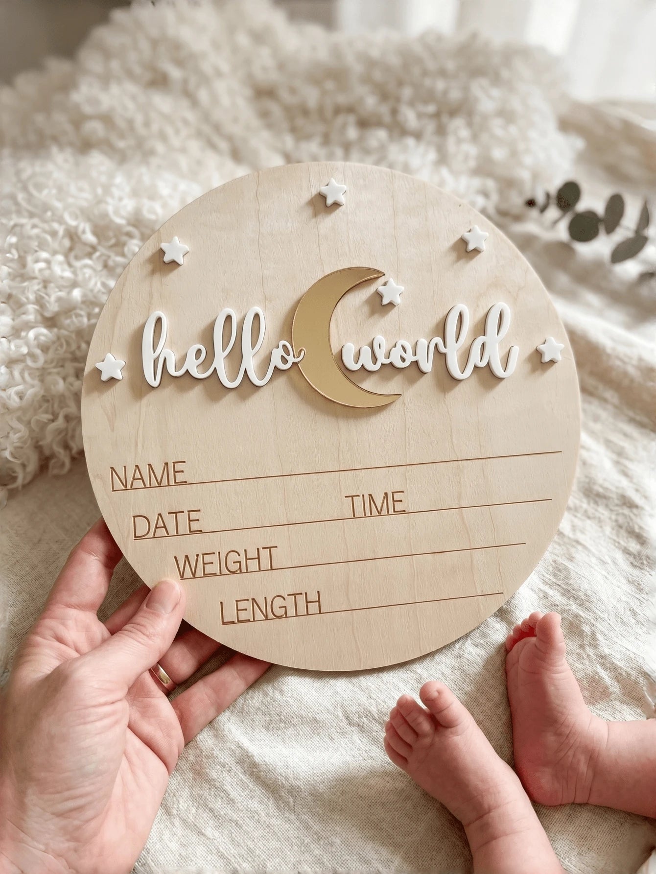 Hello World Birth Announcement Sign – Wooden Newborn Birth Stats Plaque, Baby Name Announcement Sign, Matte White Acrylic Hello World Wooden Plaque