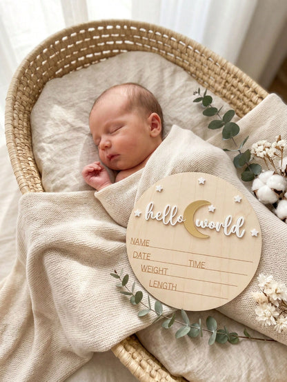 Hello World Birth Announcement Sign – Wooden Newborn Birth Stats Plaque, Baby Name Announcement Sign, Matte White Acrylic Hello World Wooden Plaque