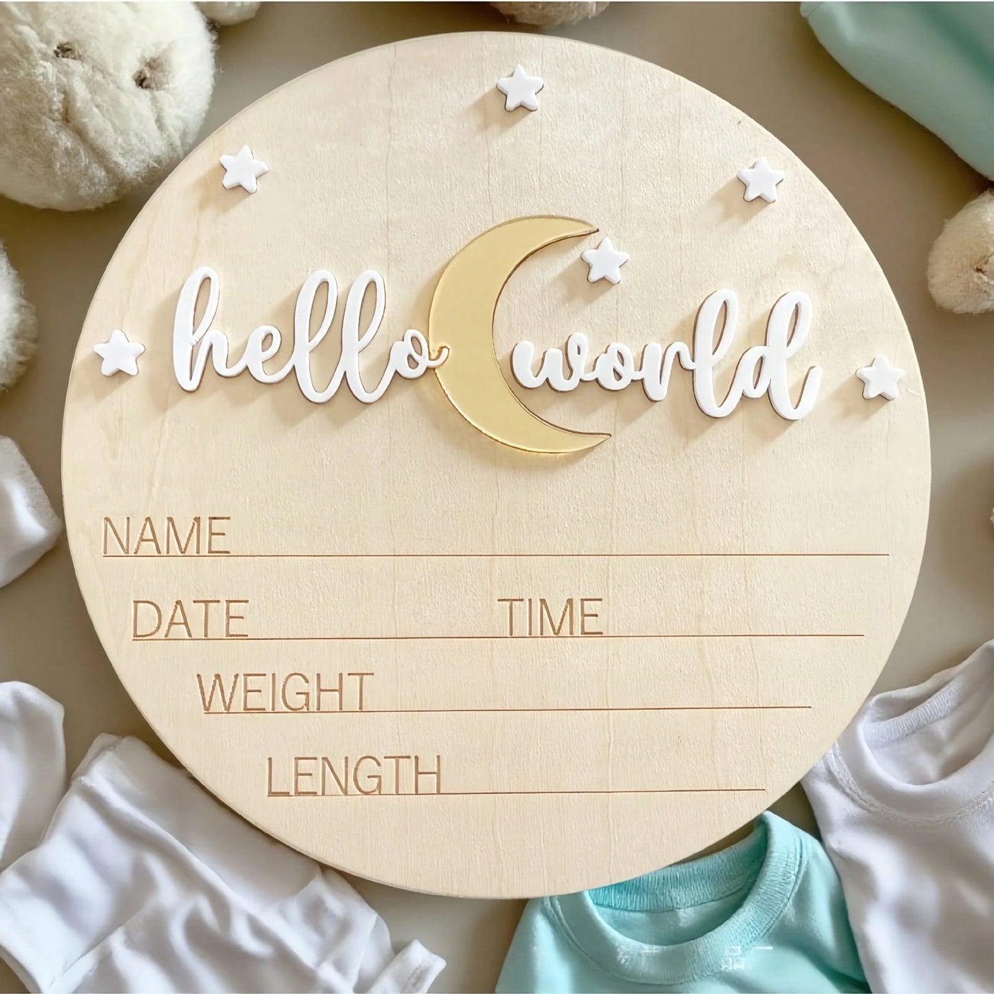 Hello World Birth Announcement Sign – Wooden Newborn Birth Stats Plaque, Baby Name Announcement Sign, Matte White Acrylic Hello World Wooden Plaque