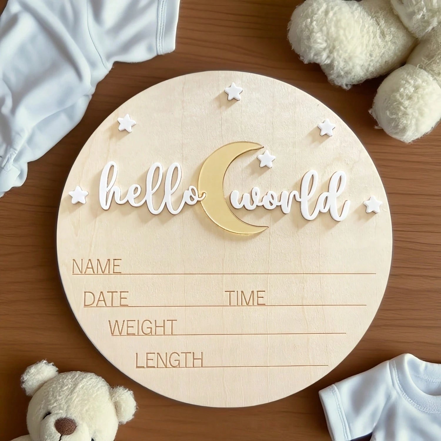 Hello World Birth Announcement Sign – Wooden Newborn Birth Stats Plaque, Baby Name Announcement Sign, Matte White Acrylic Hello World Wooden Plaque