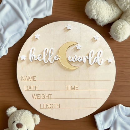 Hello World Birth Announcement Sign – Wooden Newborn Birth Stats Plaque, Baby Name Announcement Sign, Matte White Acrylic Hello World Wooden Plaque