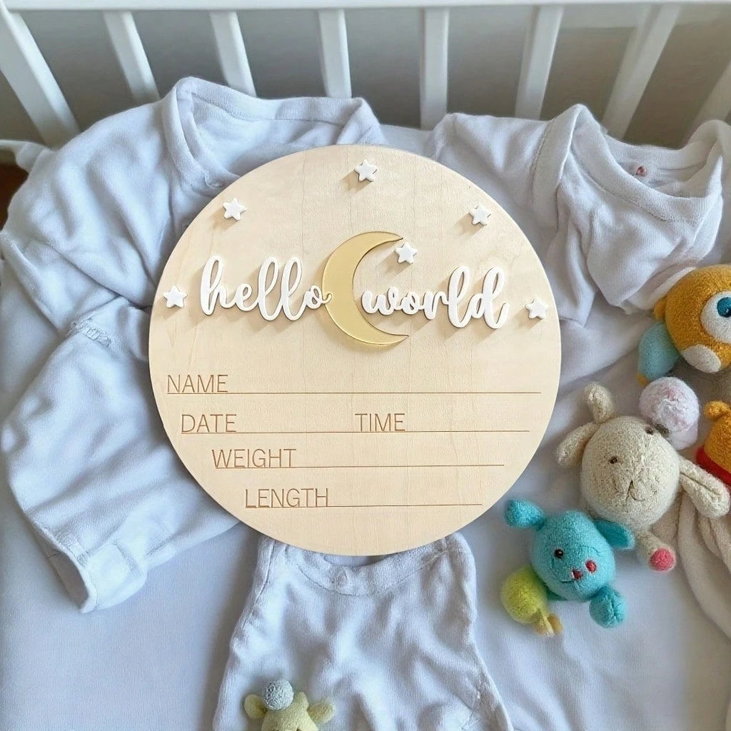 Hello World Birth Announcement Sign – Wooden Newborn Birth Stats Plaque, Baby Name Announcement Sign, Matte White Acrylic Hello World Wooden Plaque