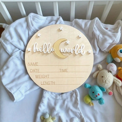 Hello World Birth Announcement Sign – Wooden Newborn Birth Stats Plaque, Baby Name Announcement Sign, Matte White Acrylic Hello World Wooden Plaque