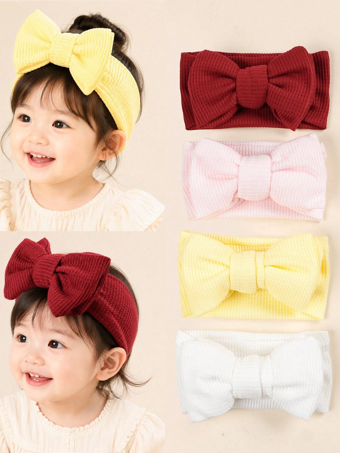 High Elastic Soft Waffle Knit Baby Headband, Macaron Pink Yellow Burgundy Solid Color 3D Large Bow Wide Band, Skin-Friendly Non-Tightening For Newborn Baby Girl, Full Month, First Birthday, Photoshoot