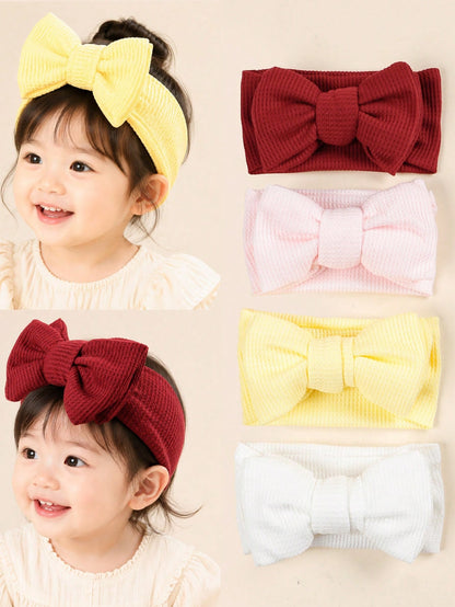 High Elastic Soft Waffle Knit Baby Headband, Macaron Pink Yellow Burgundy Solid Color 3D Large Bow Wide Band, Skin-Friendly Non-Tightening For Newborn Baby Girl, Full Month, First Birthday, Photoshoot